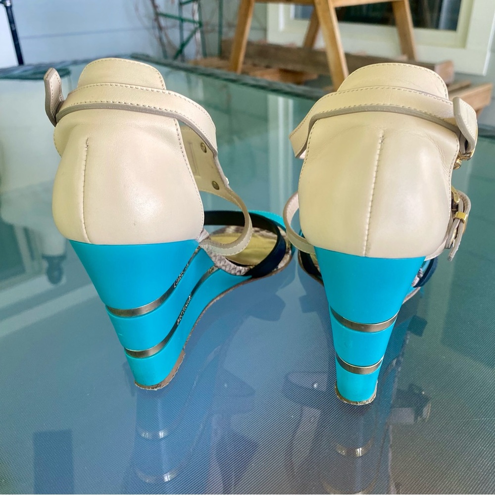 🇮🇹Loretta Pettinari, Italy 38. Turquoise Blue & Cream Strappy Wedge Sandals. 38 - Picture 4 of 16